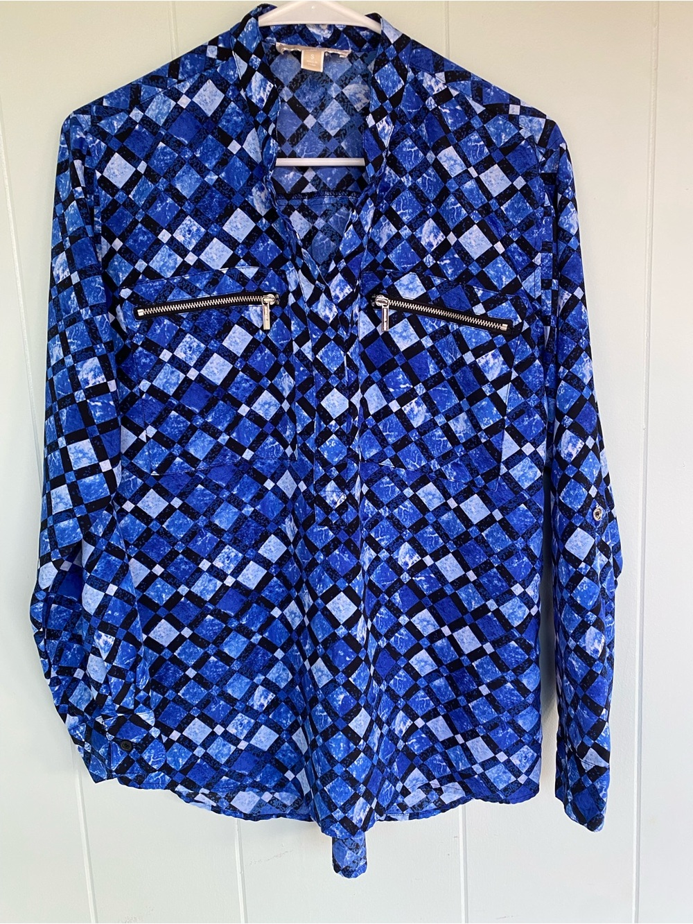 MICHAEL Michael Kors Blue Geometric Print Button-Front Shirt with Zip Pockets